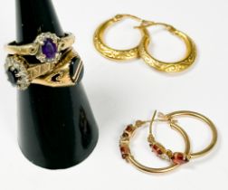 Three various 9ct gold rings, and two pairs of 9ct gold hoop earrings, total weight 7.9 grams.