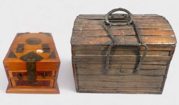 A Chinese portable vanity box, with adjustable easel mirror with three carved drawers beneath,