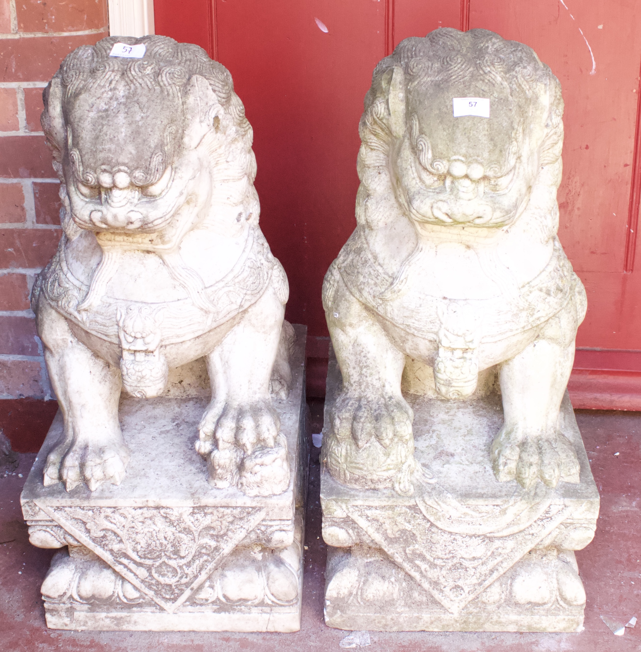 A Pair of Chinese Carved Large Stone Shishi (Fo Dogs/ Temple Dogs), the female dog with paw - Image 4 of 9