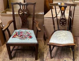 An 18ct century 'Chippendale Style' oak carver chair, with floral tapestry drop-in seat raised on