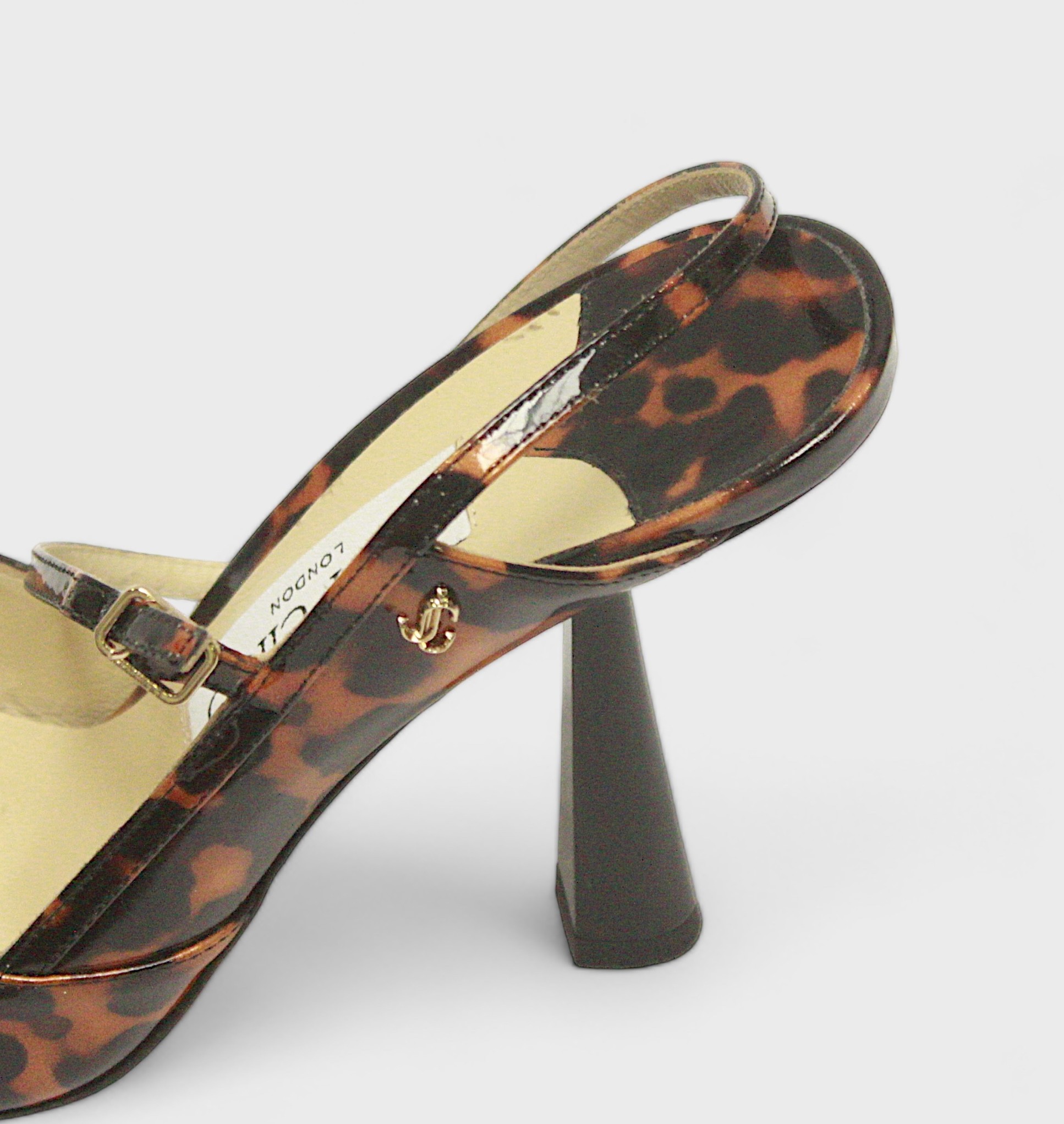 A pair of Jimmy Choo cognac patent leather high heel shoes, with applied gilt ‘JC’ monogram to side, - Image 3 of 4