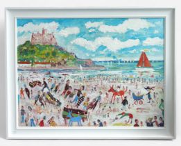 Simeon Stafford (b.1956) Crowded beach scene with figures, sailing boats and a view of St Michael’