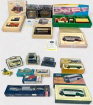 A collection of boxed die-cast scale model vehicles, comprising mainly various Corgi examples,