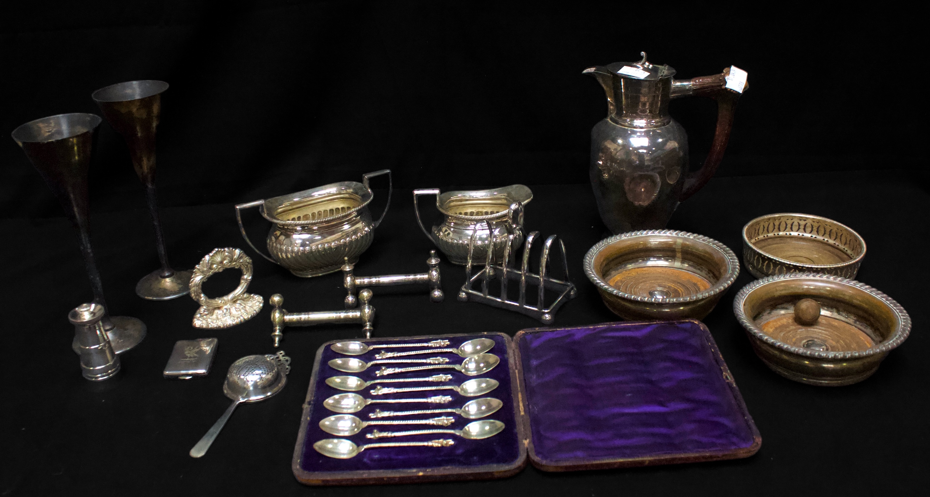 A collection of assorted silver-plated wares including wine coasters, a teapot with spirit burner, - Image 2 of 3