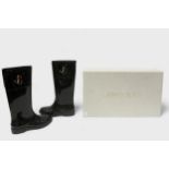 A pair of ladies Jimmy Choo black Wellington boots, with applied gilt JC monogram to sides, size 39,