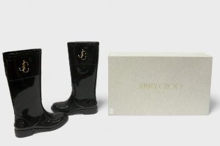 A pair of ladies Jimmy Choo black Wellington boots, with applied gilt JC monogram to sides, size 39,