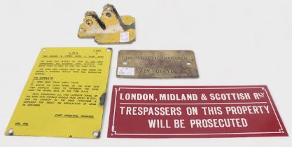 Four various British Rail signs and plates, including London, Midland & Scottish Railway aluminium