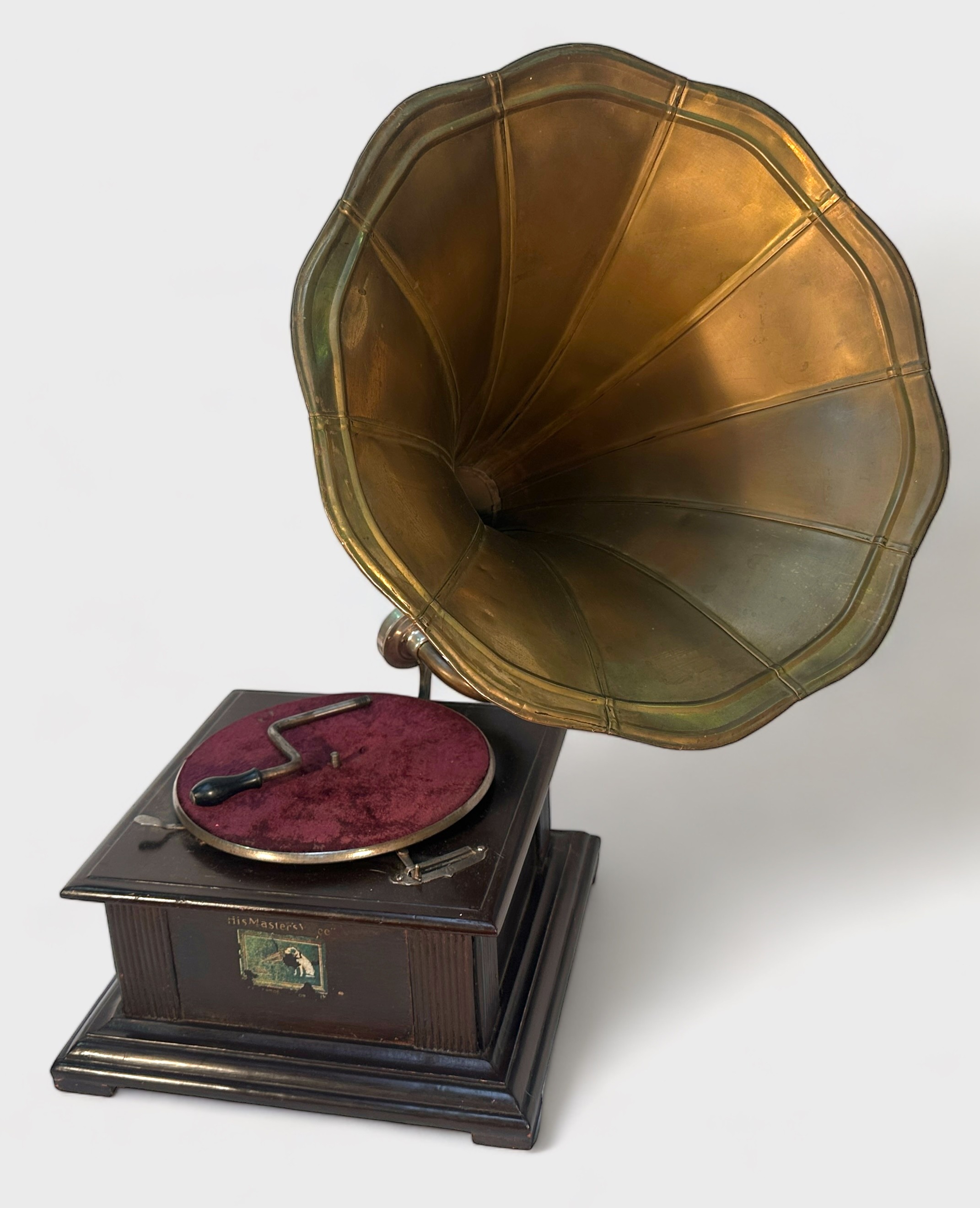 A stained wooden His Masters Voice gramophone, with brass horn, together with eight Elvis Presley 78 - Image 2 of 4