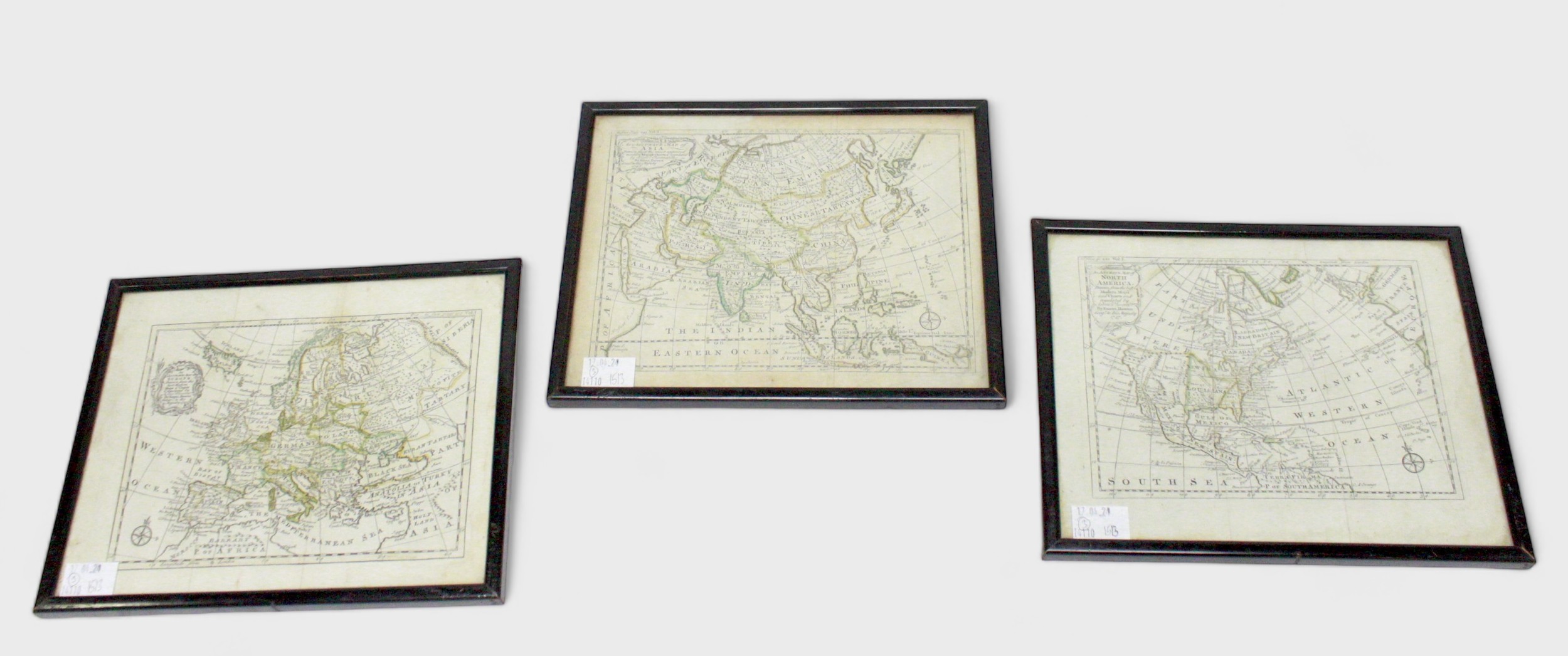 Emanuel Bowen (1694-1767), three hand-coloured engraved maps of ‘Europe’, ‘North America’, and ‘