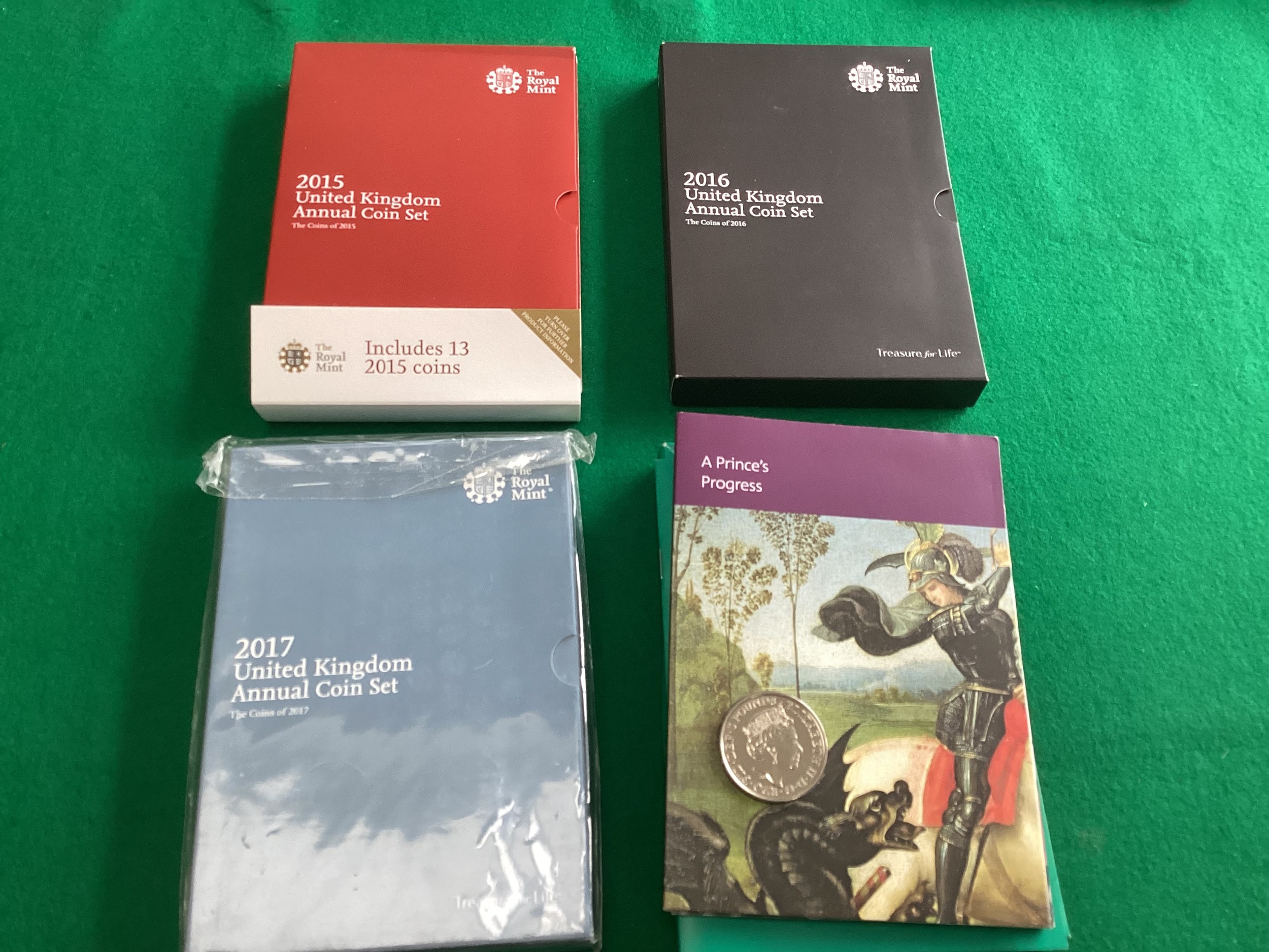 Four Royal Mint Brilliant Uncirculated coin year sets for four consecutive years – 2015-2018 – the