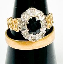 An 18ct gold wedding ring, together with an 18ct gold sapphire and diamond dress ring, set with an