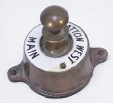 A Southern Railway brass cased signal box Bell Plunger with enamel ring for ‘Fratton West - Main’,