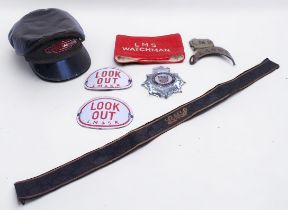 A collection of assorted BR railway uniform, comprising, a Loco man’s grease-top hat with LMR ‘