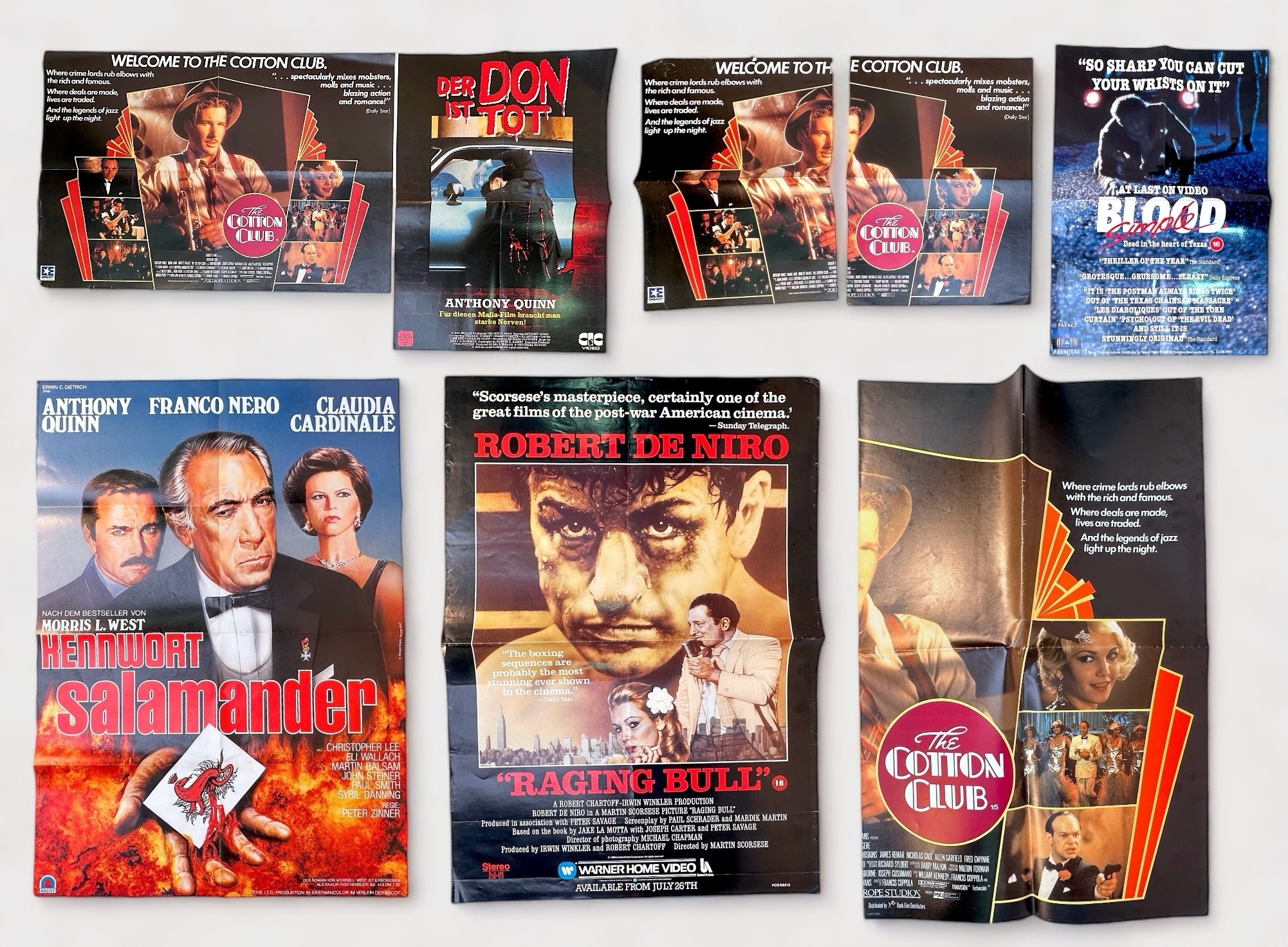 Eight assorted 1970s/80s Crime Thriller film posters, including Raging Bull (1980), starring