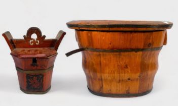 A Chinese coopered oval wooden barrel with detachable baby-bath top, together with a coopered wooden