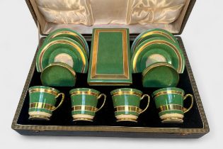 1930s Crown Devon Fieldings 'Art Deco' coffee set, decorated with mottled green grounds and