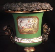 A late 18th century ormolu-mounted Sevres 'style' Porcelain campagna urn, painted in polychrome