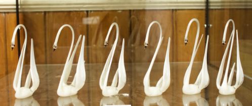 A set of six stylised glass figures of swans, finely hand-blown, possibly Murano, approx. 12cm