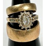 Two 9ct gold wedding rings, together with a 9ct gold dress ring, set with white faceted stones in