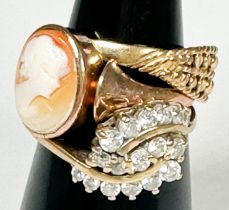 Three various 9ct gold dress rings, including a cameo ring etc, total weight 8.0 grams.