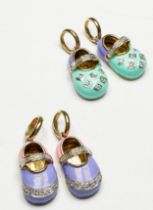 Two pairs of 9ct yellow gold and enamel shoe charms, set with small diamonds, total weight 11.0