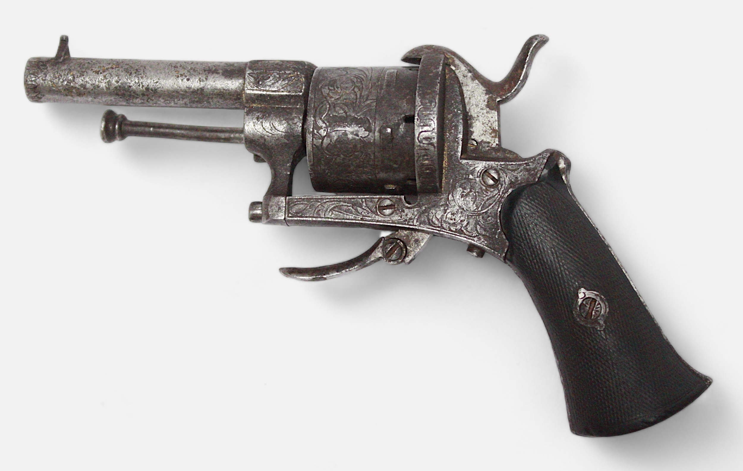 A Belgian pinfire pocket revolver, with all over scrolled foliate engraving and stained wooden grip, - Image 2 of 2