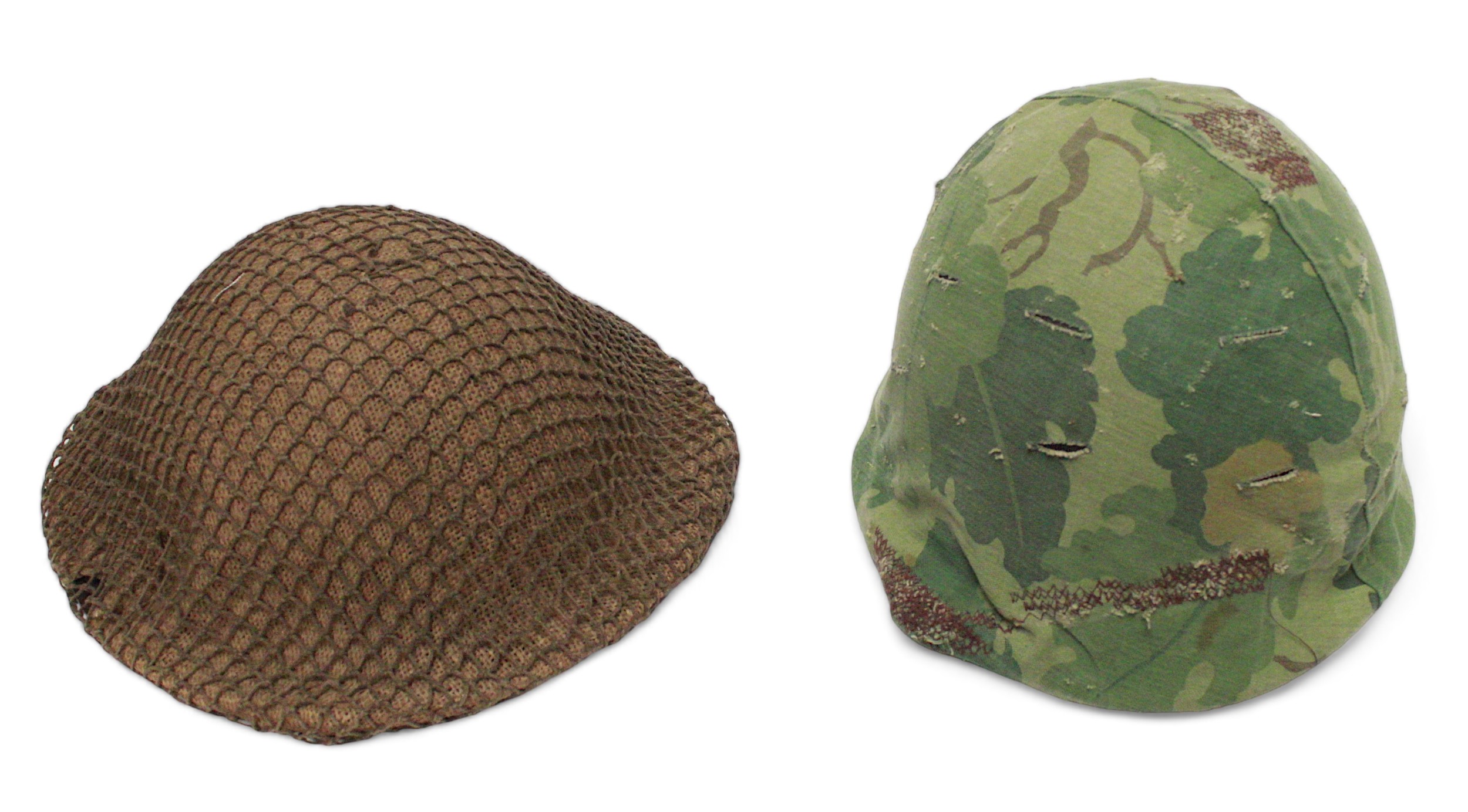 A WWII British Brodie helmet with sack and net covering, original black vinyl liner and webbing