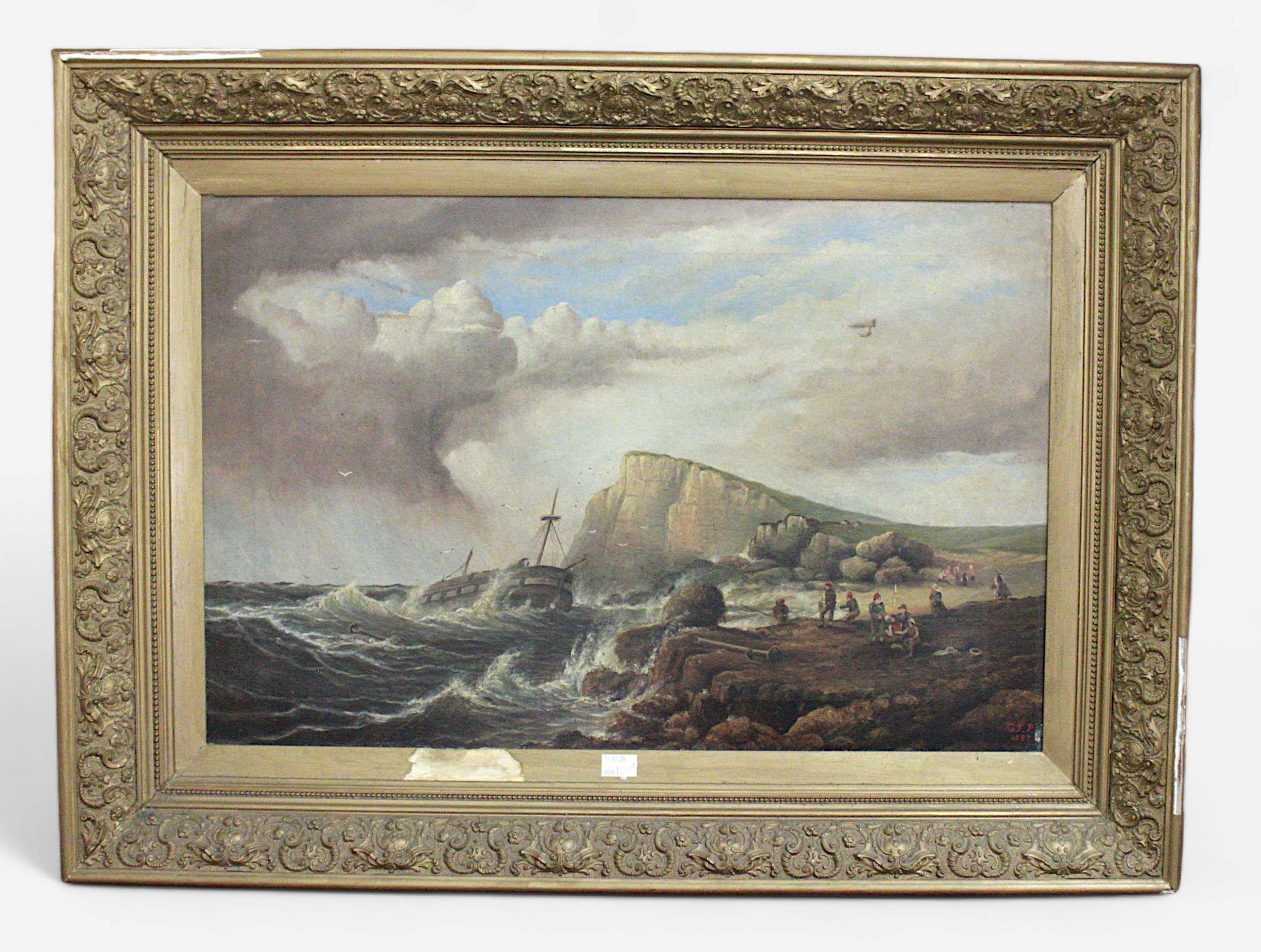 A 19th century coastal study with boat on choppy waters and figures on a cliff edge, with further