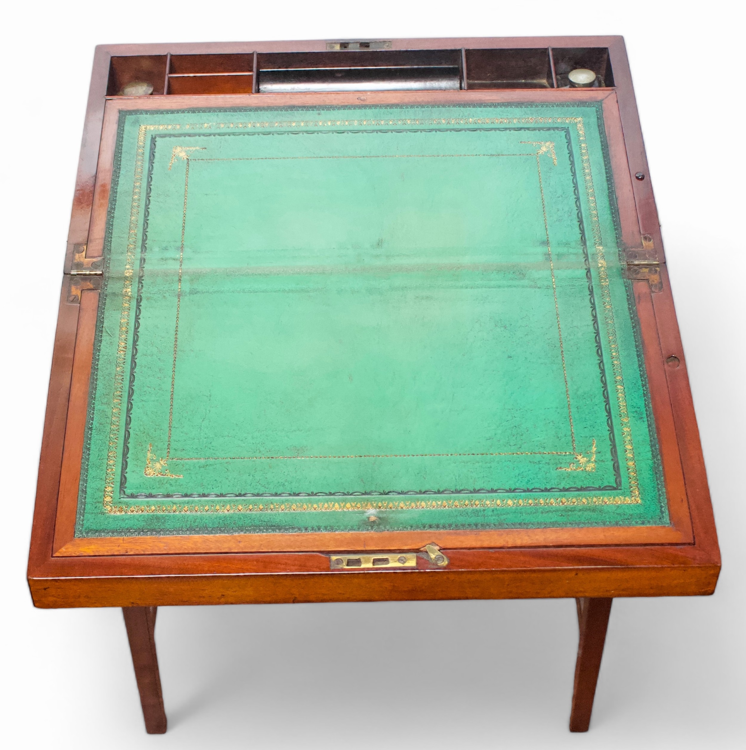 A mahogany campaign style writing slope on stand, of rectangular form and gadrooned detail to top - Image 2 of 3