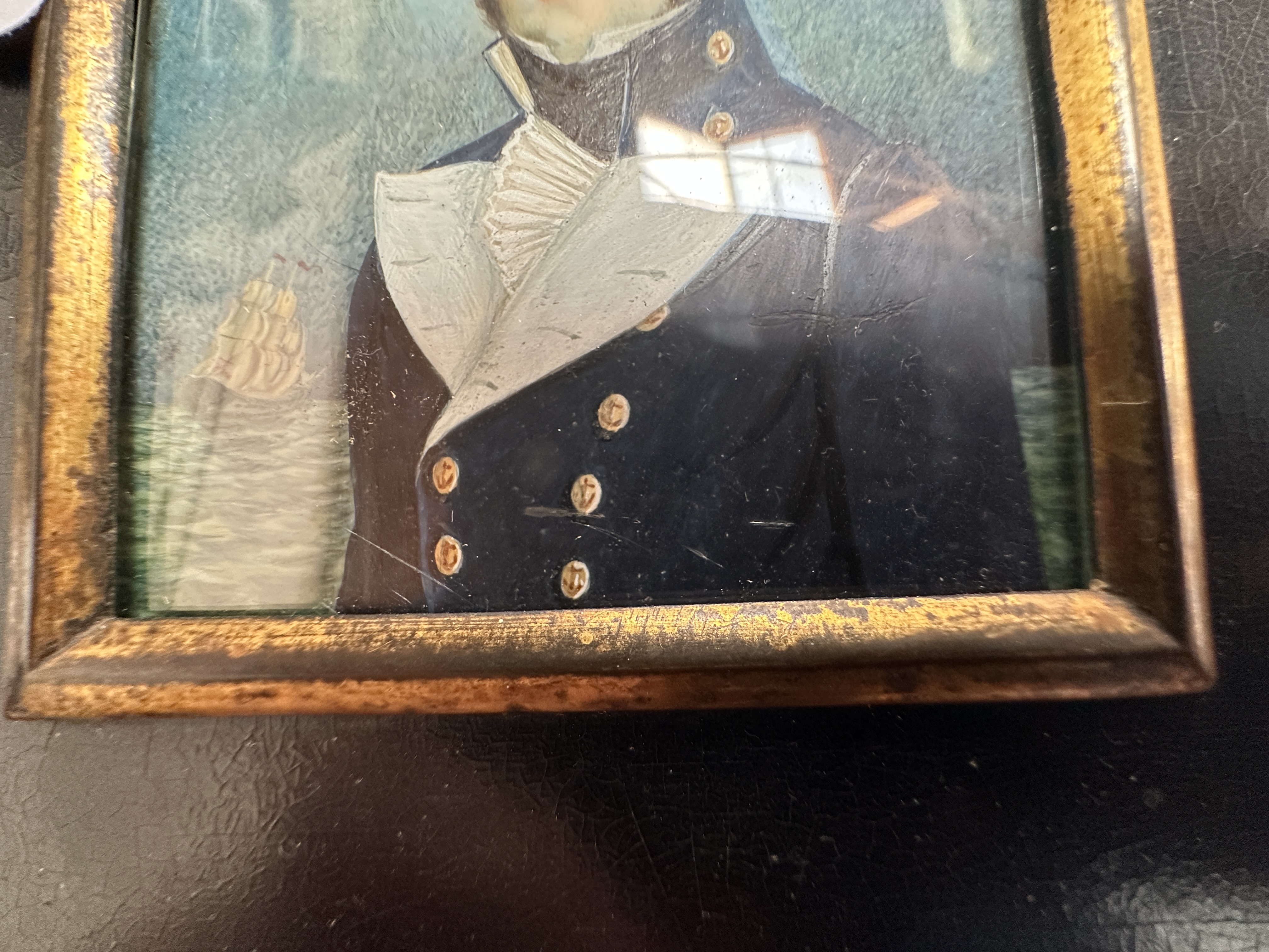 A Mid-19th century portrait miniature of a Naval Midshipman, with black wavy hair wand sides brushed - Image 7 of 8