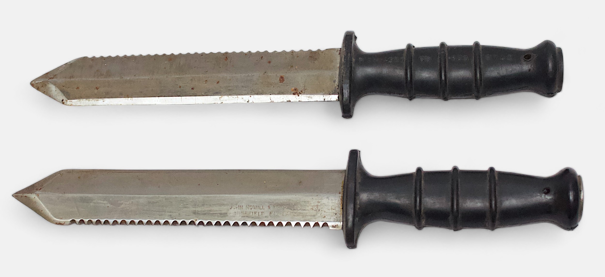 Two John Nowill & Sons Ltd, Sheffield, double edged diving knives, both with black rubber grips - Image 2 of 4