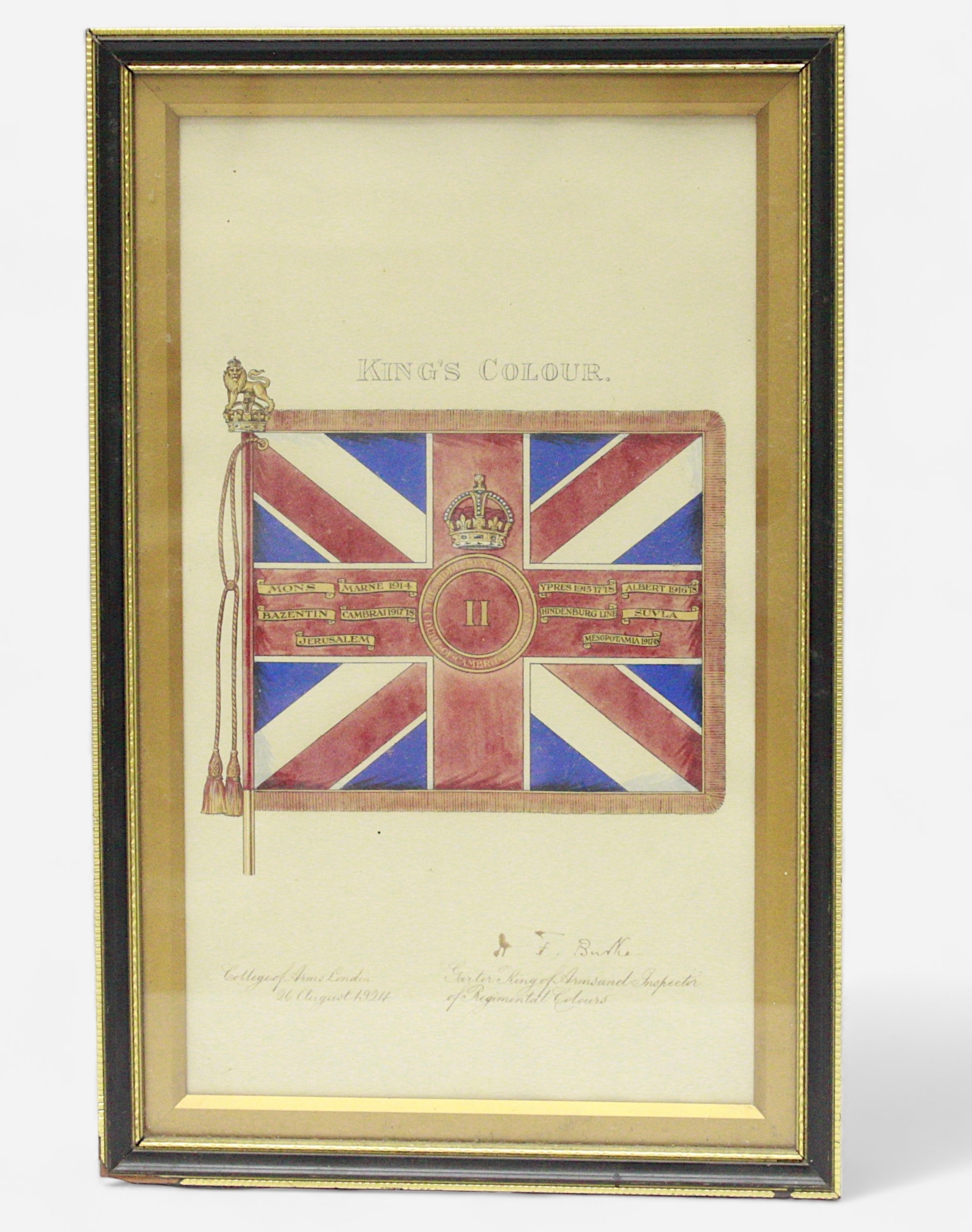 A hand-painted framed display 'The King's Colour, 'The King's Own Royal Lancaster Regiment' with