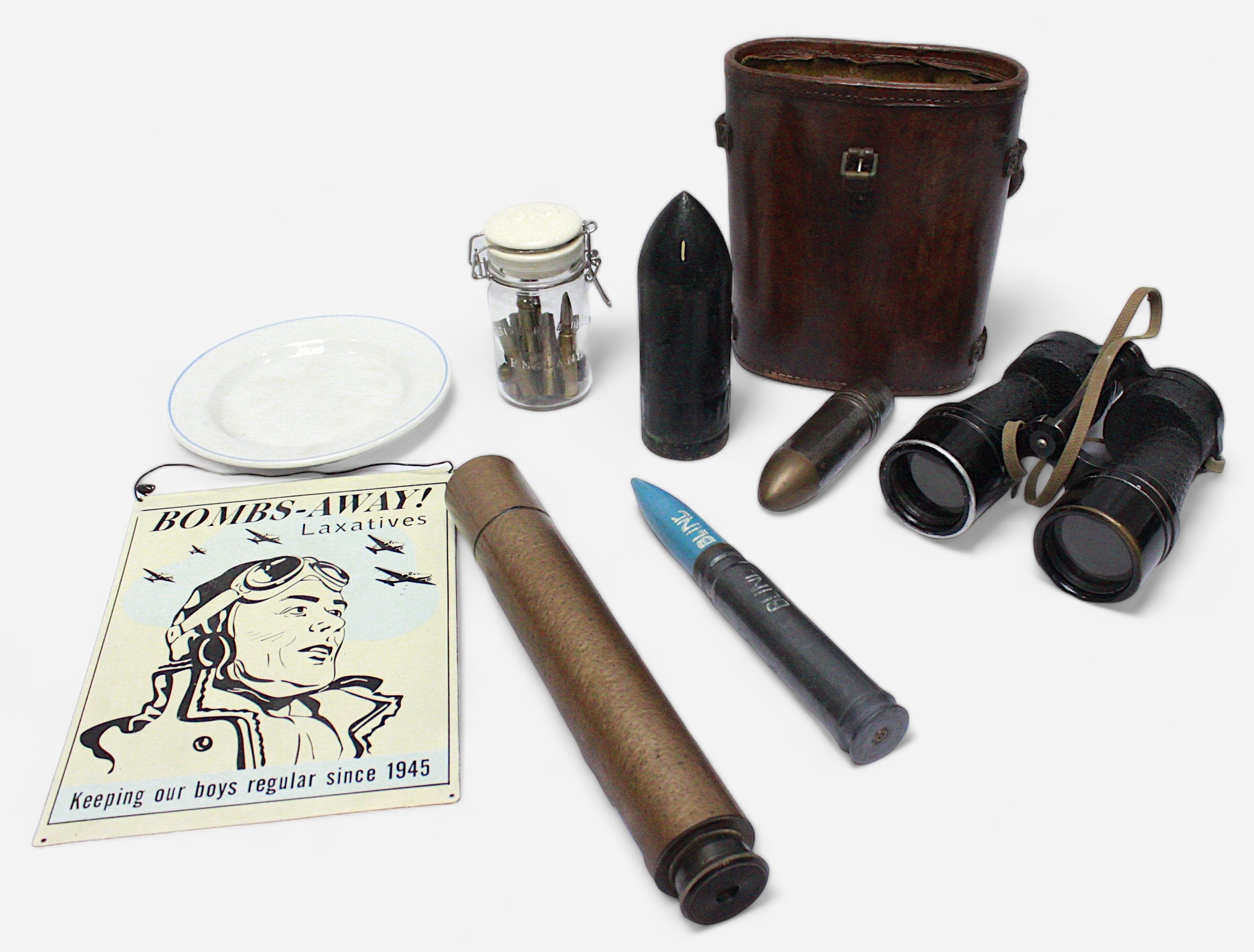 A collection of assorted WWII collectables, comprising a pair of Bino-Prism No. 5 Mk.IV