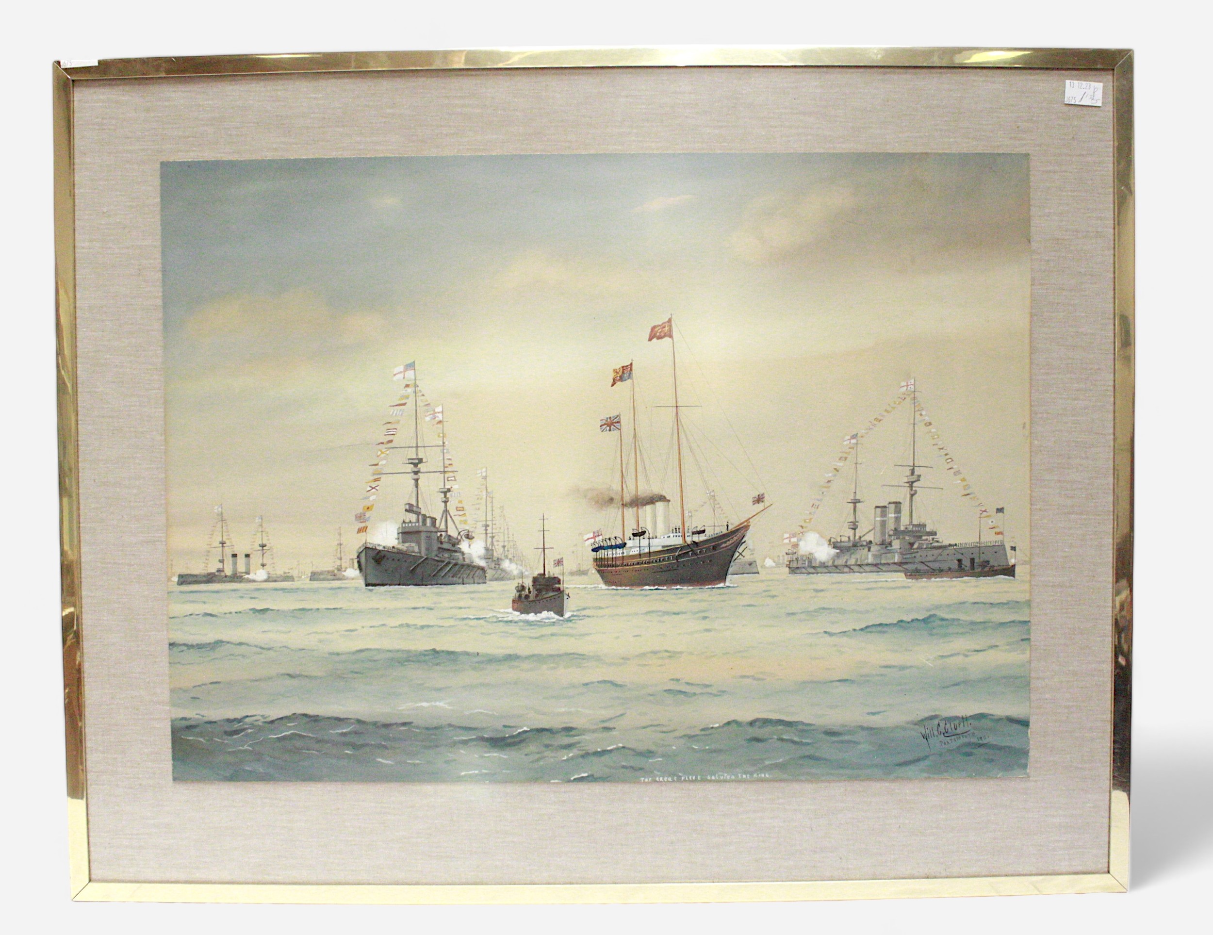 William C. Cluet (active c.1880-1920) ‘The Great Fleet Saluted The King’, signed, location noted