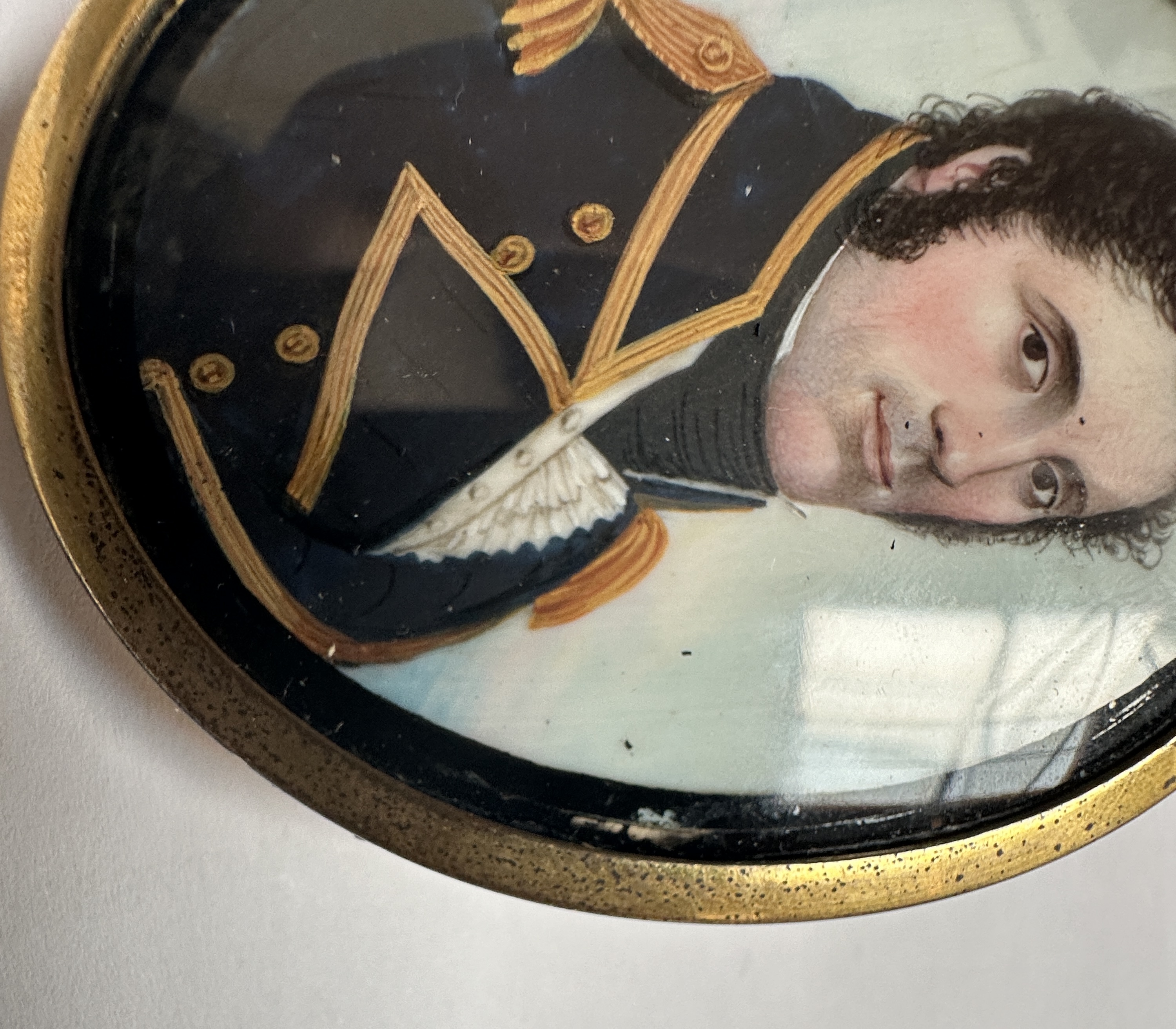 A Mid-19th century oval portrait miniature of a senior Naval officer, with black curly hair and - Image 4 of 7