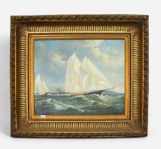 W. Candy. Gaff-rigged Sailing Yachts in choppy waters with an island beyond, signed, oil on canvas