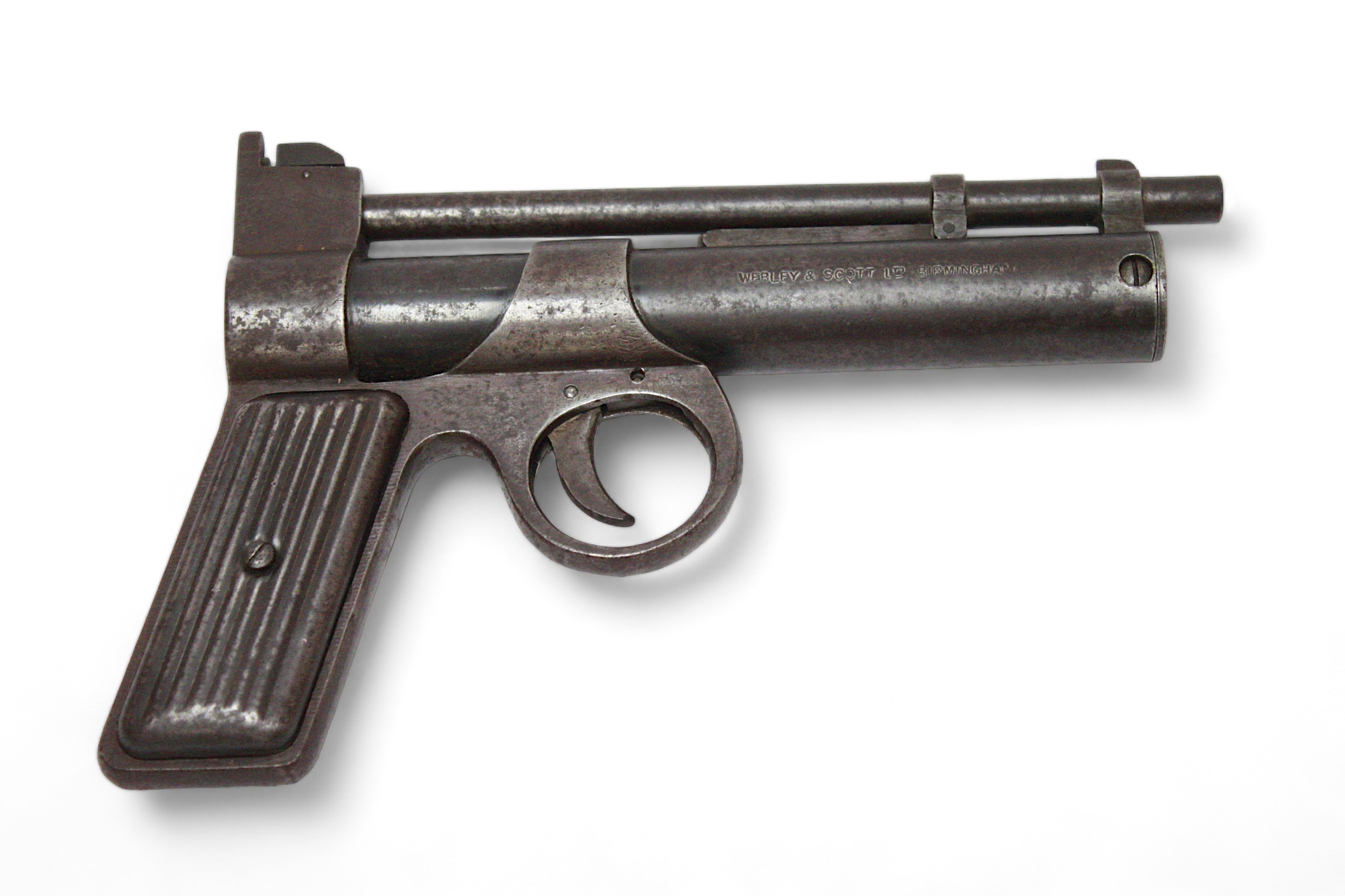 A Webley 'Junior' .177 Air Pistol, wity vertical-ribbed pressed metal grips, serial number J23645.