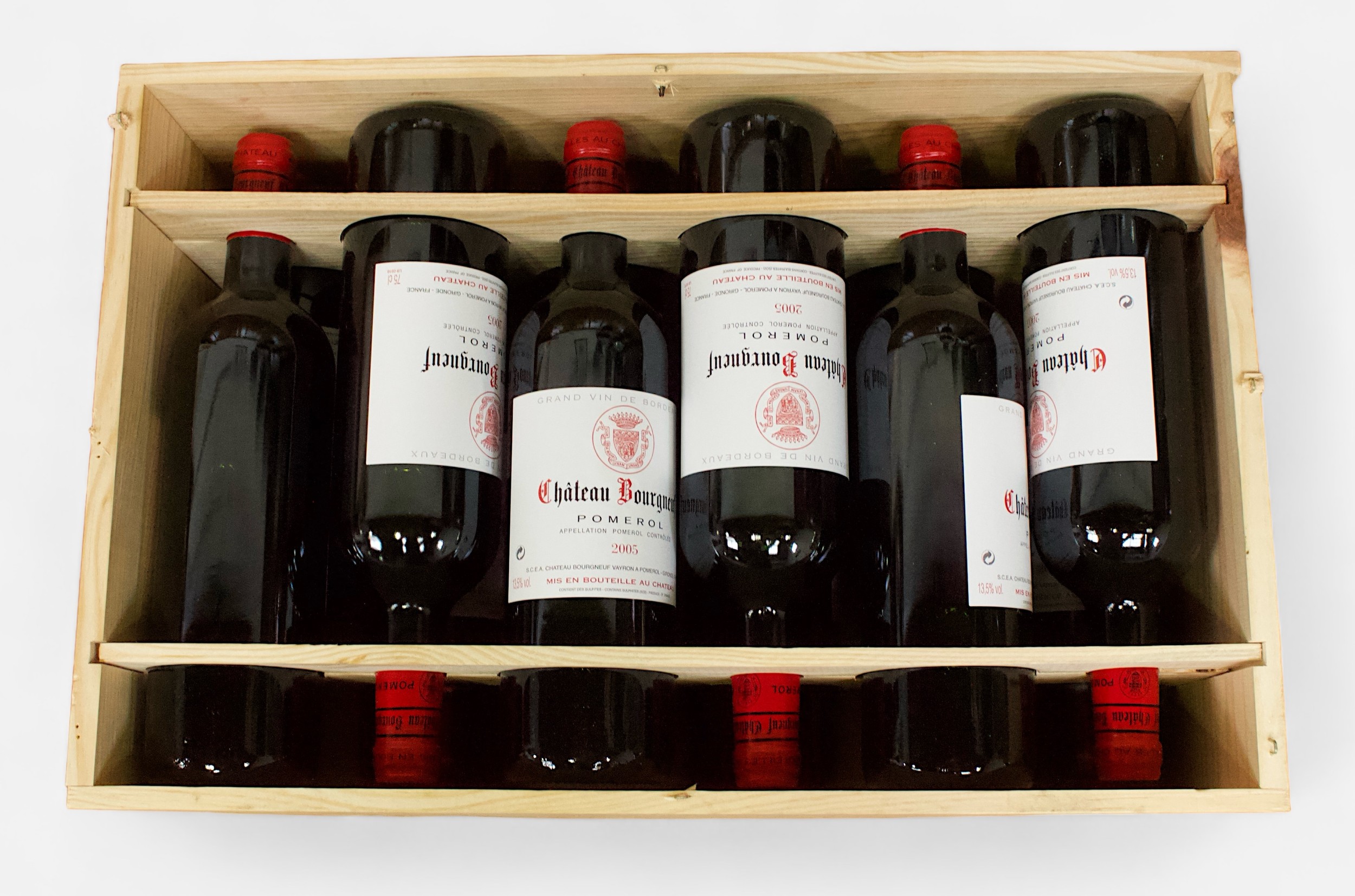 A case of twelve 75cl bottles of Chateau Bourgneuf Pomerol, Grand vin de Bordeaux, 2005 vintage, all