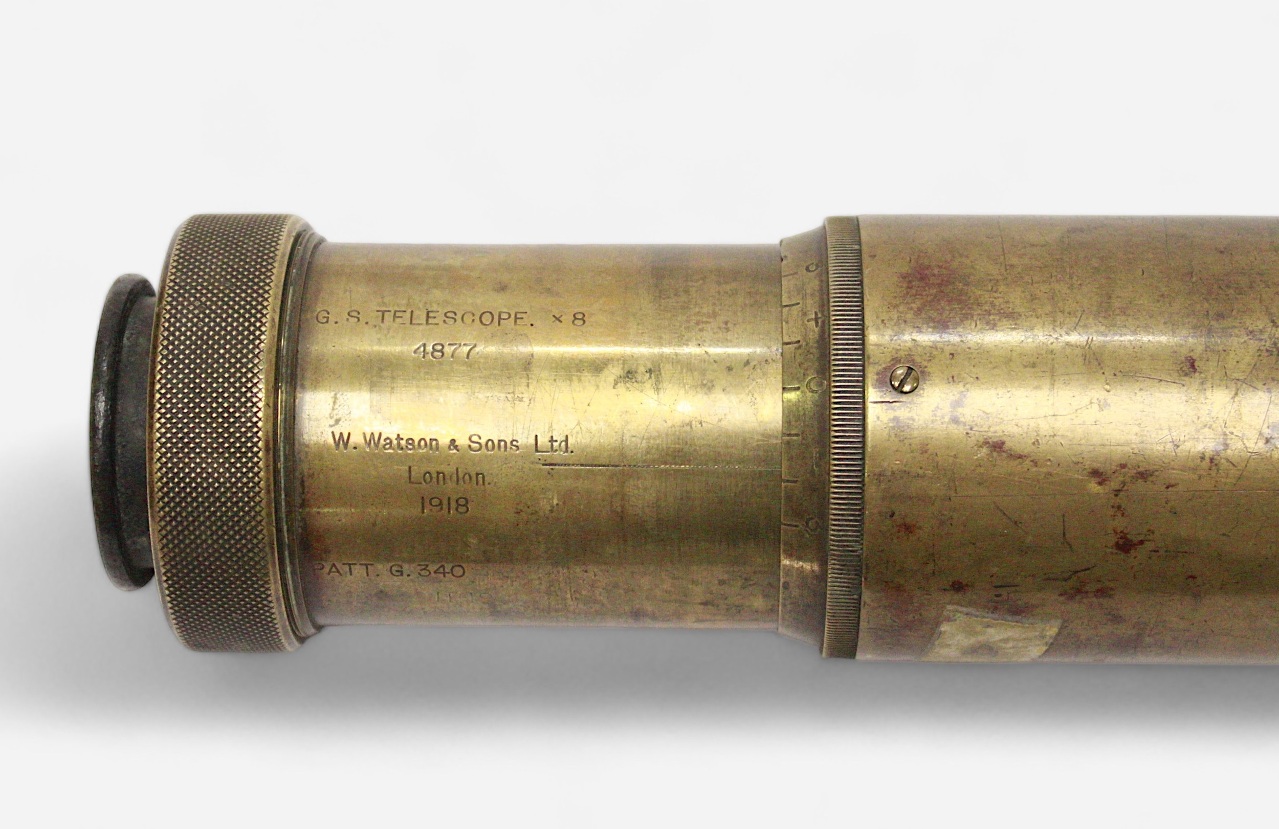 A WWI-era brass telescope, by W. Watson & Sons Ltd London 1918, inscribed 'G.S. Telescope x 8, 4877, - Image 2 of 3