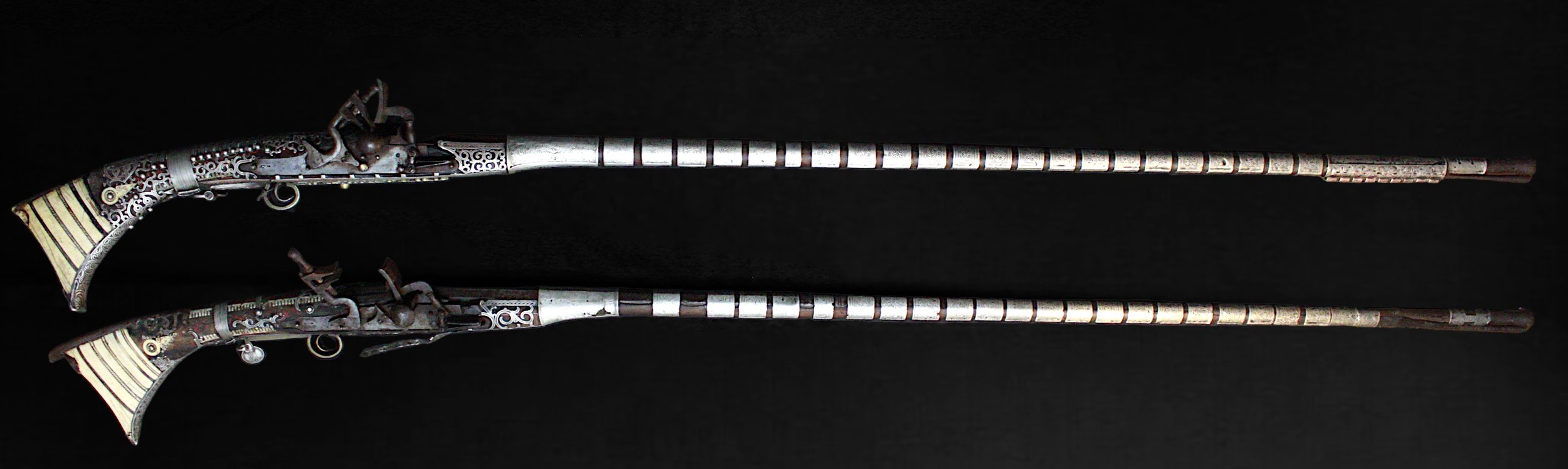 A near pair smooth bore 18th/19th century Arab snaphaunce Jezail, approximately 64” overall, with - Image 2 of 10