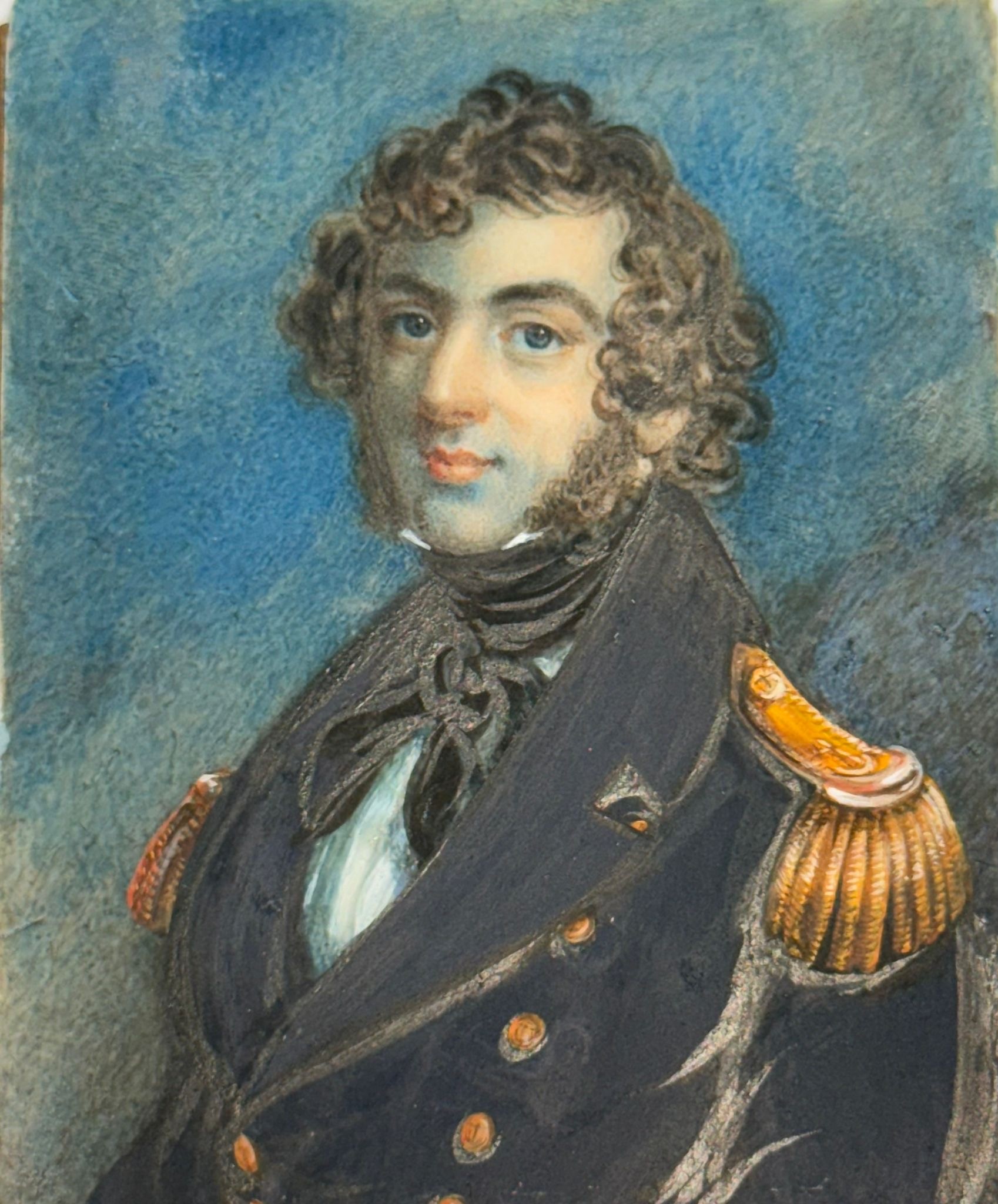 A Mid-19th century portrait miniature of a Naval Commander or Captain, with long curly brown hair - Image 2 of 7