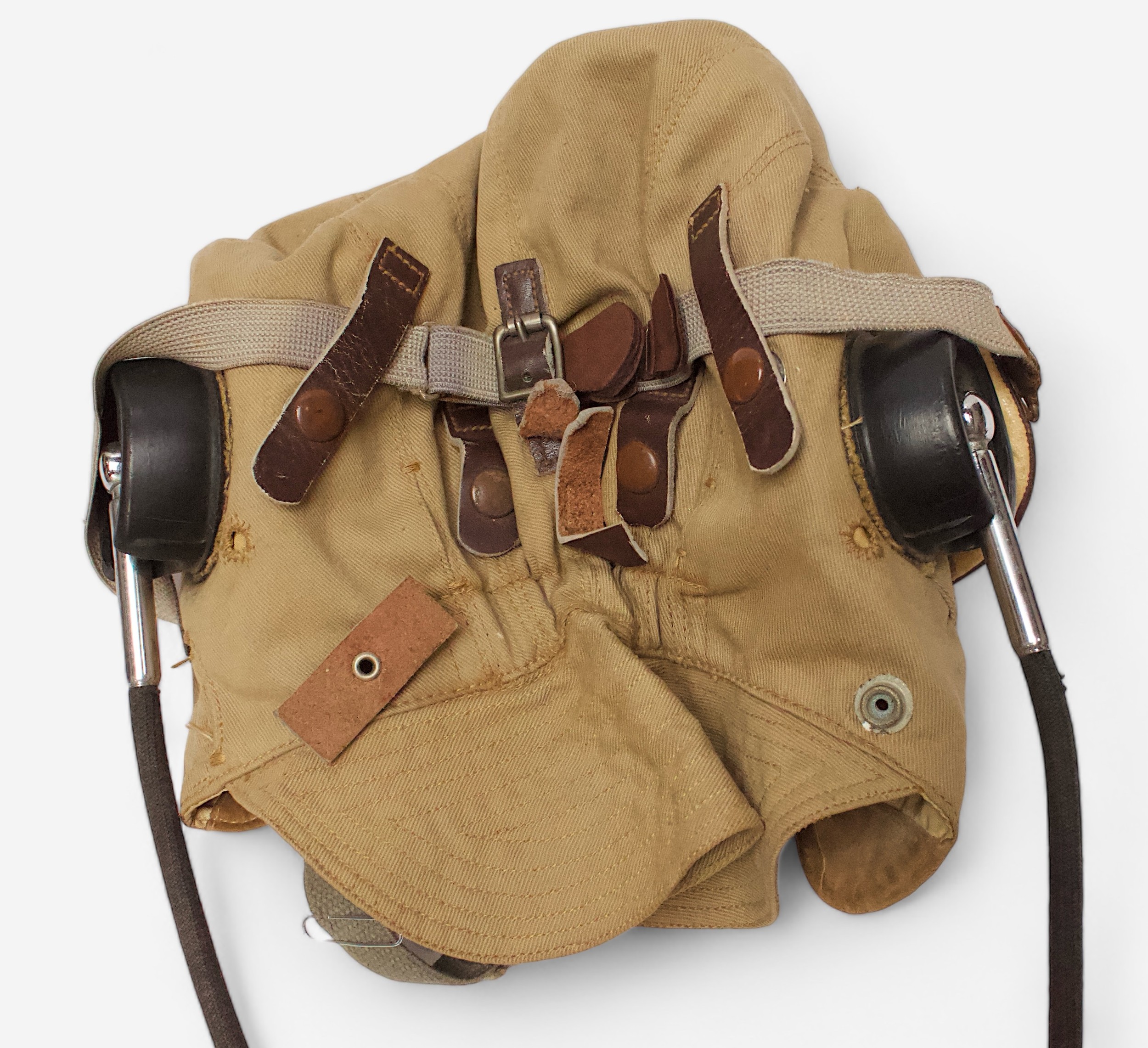 An RAF D-Type Pilot’s Flight helmet with goggles, khaki canvas with neck flap, fitted with a set - Image 2 of 2