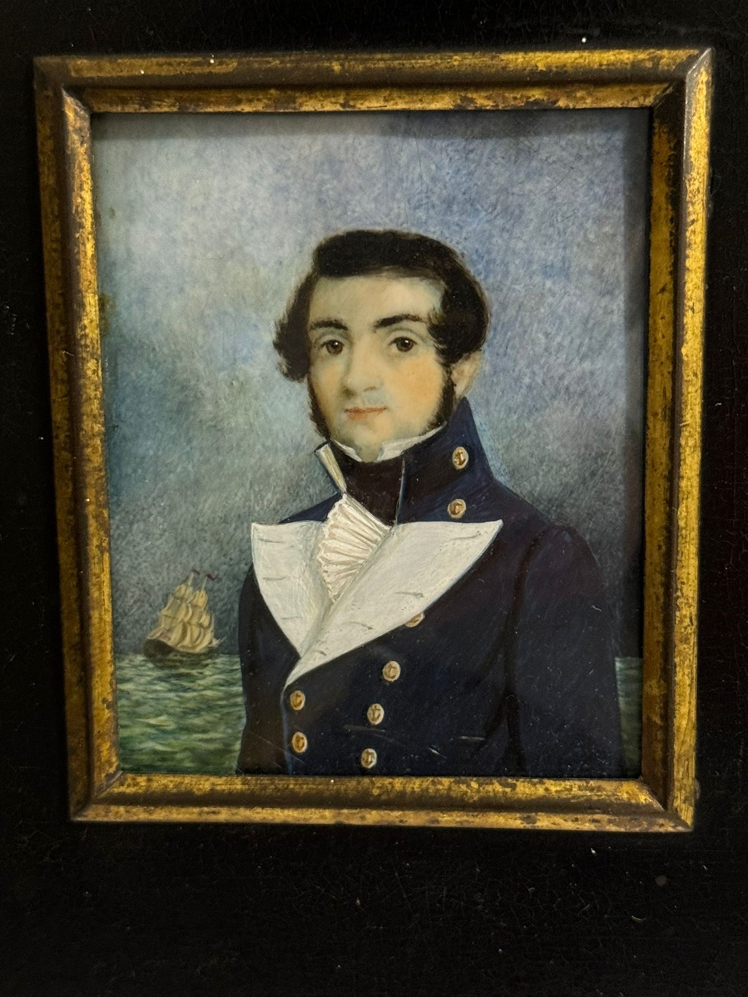 A Mid-19th century portrait miniature of a Naval Midshipman, with black wavy hair wand sides brushed - Image 2 of 8