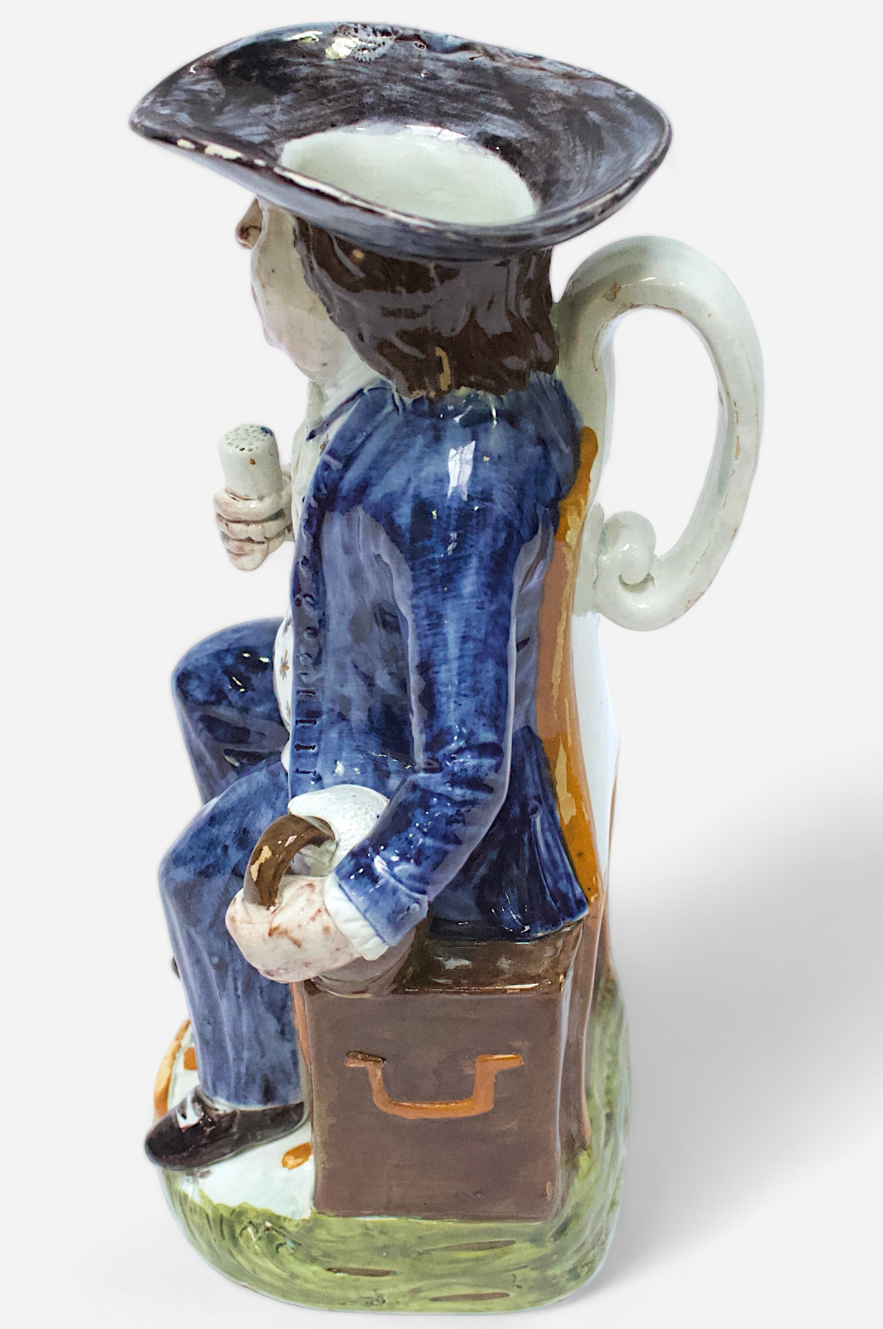 A Prattware ‘Sailor’ toby jug, c1790-1810, blue frockcoat and britches, waistcoat painted with - Image 4 of 4