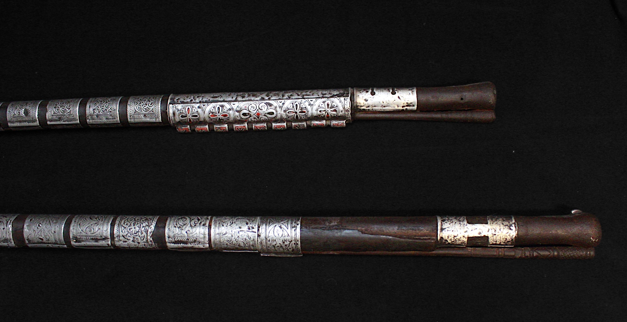 A near pair smooth bore 18th/19th century Arab snaphaunce Jezail, approximately 64” overall, with - Image 4 of 10