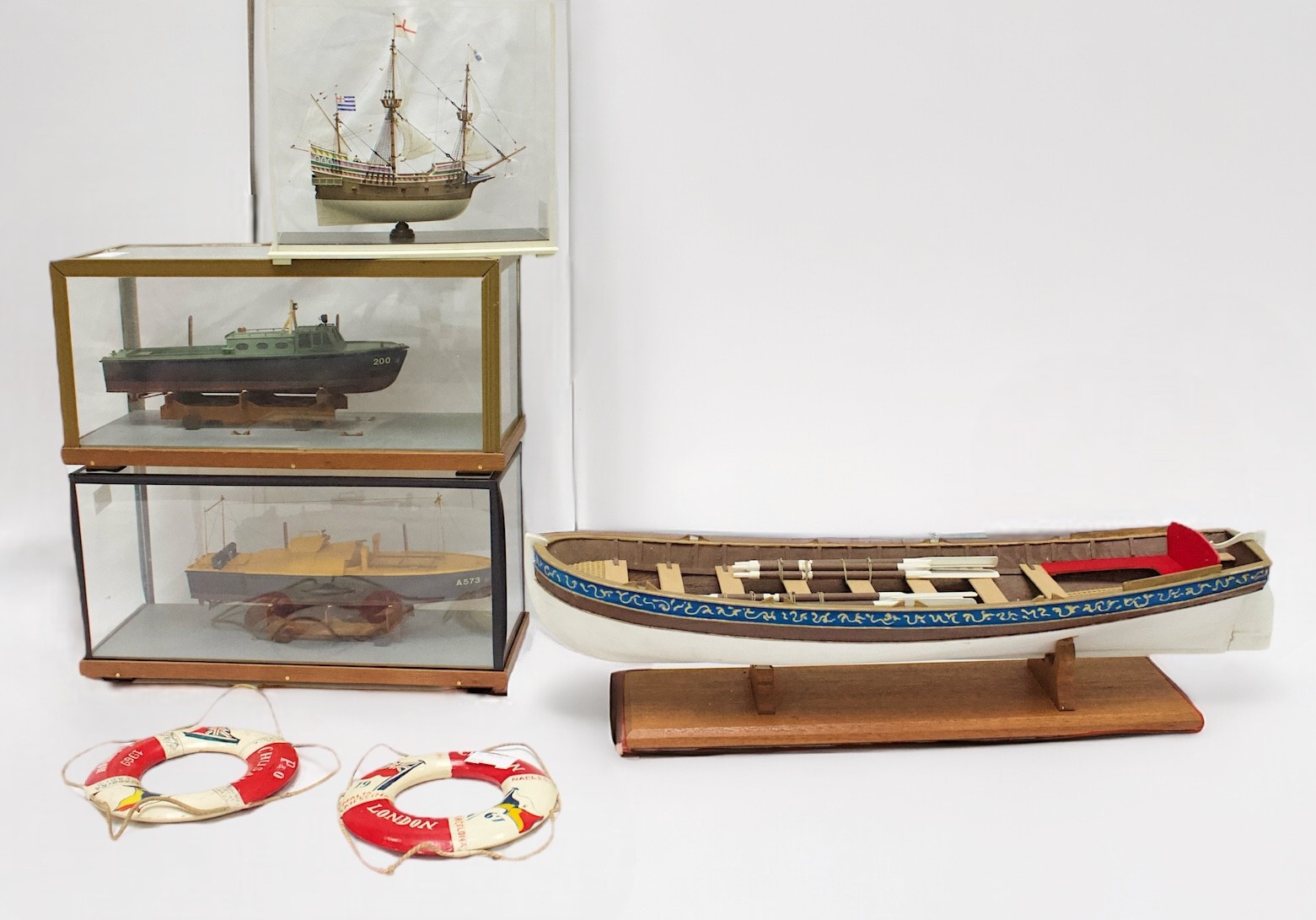 A collection of assorted scratch and kit built scale model boats including a small model of the