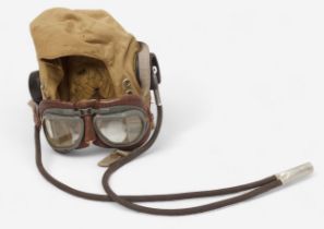 An RAF D-Type Pilot’s Flight helmet with goggles, khaki canvas with neck flap, fitted with a set