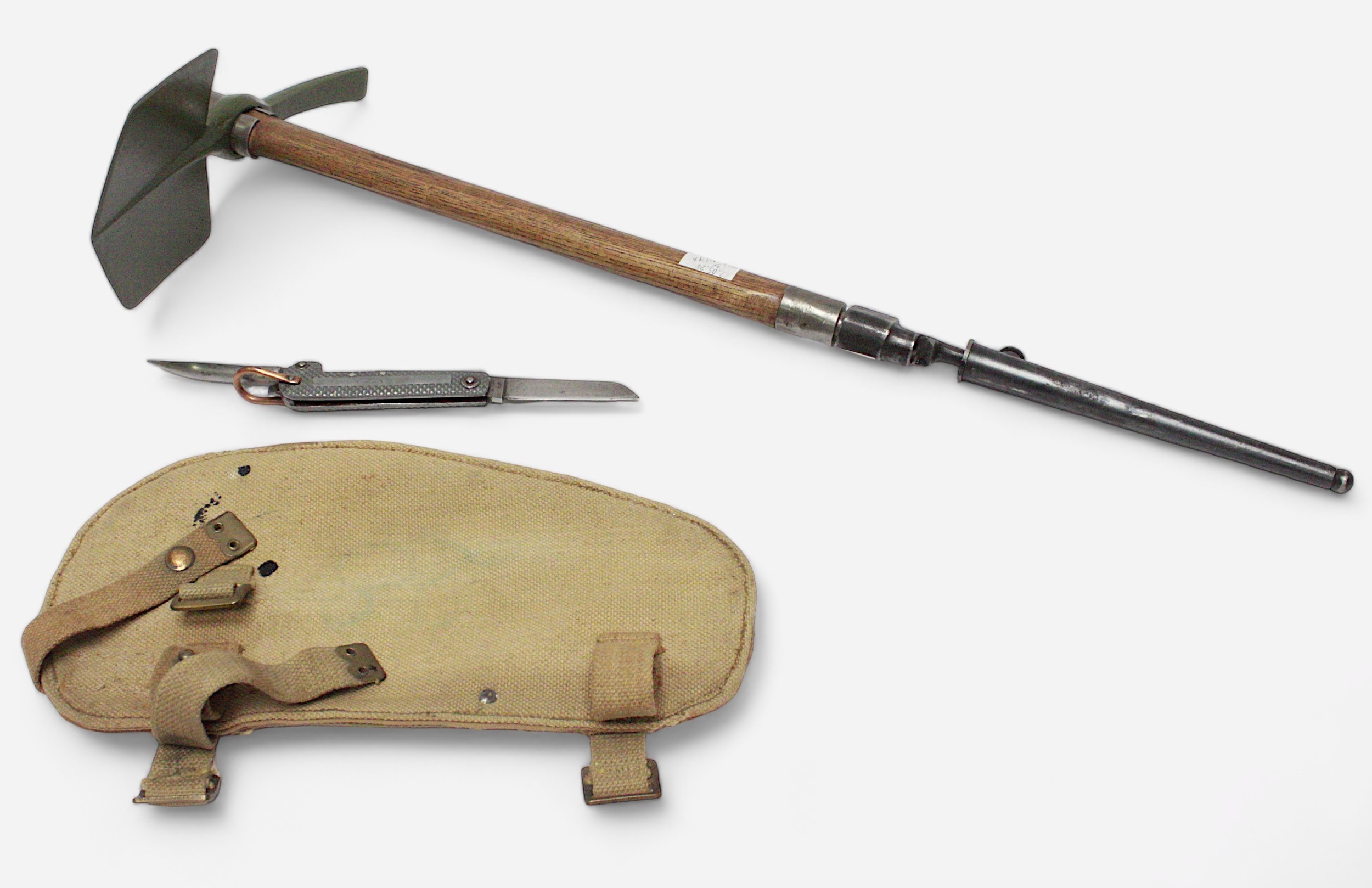 A British WWII entrenching tool, 1937 pattern MkII, with shaft, axe head, No.4 MkII pig-sticker