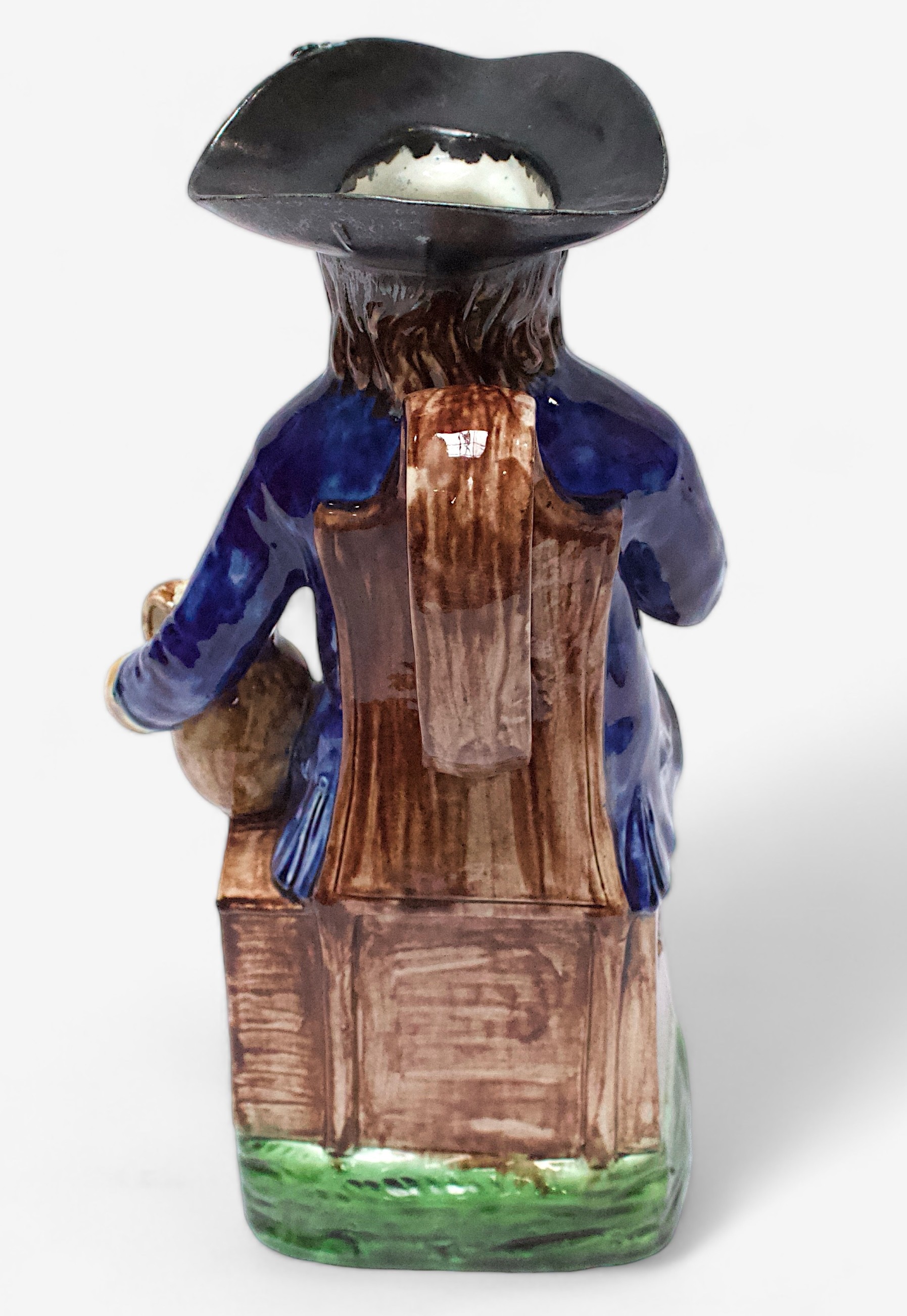 A Prattware ‘Sailor’ toby jug, c1790-1810, black tricorn hat, blue striped britches, overflowing - Image 3 of 5