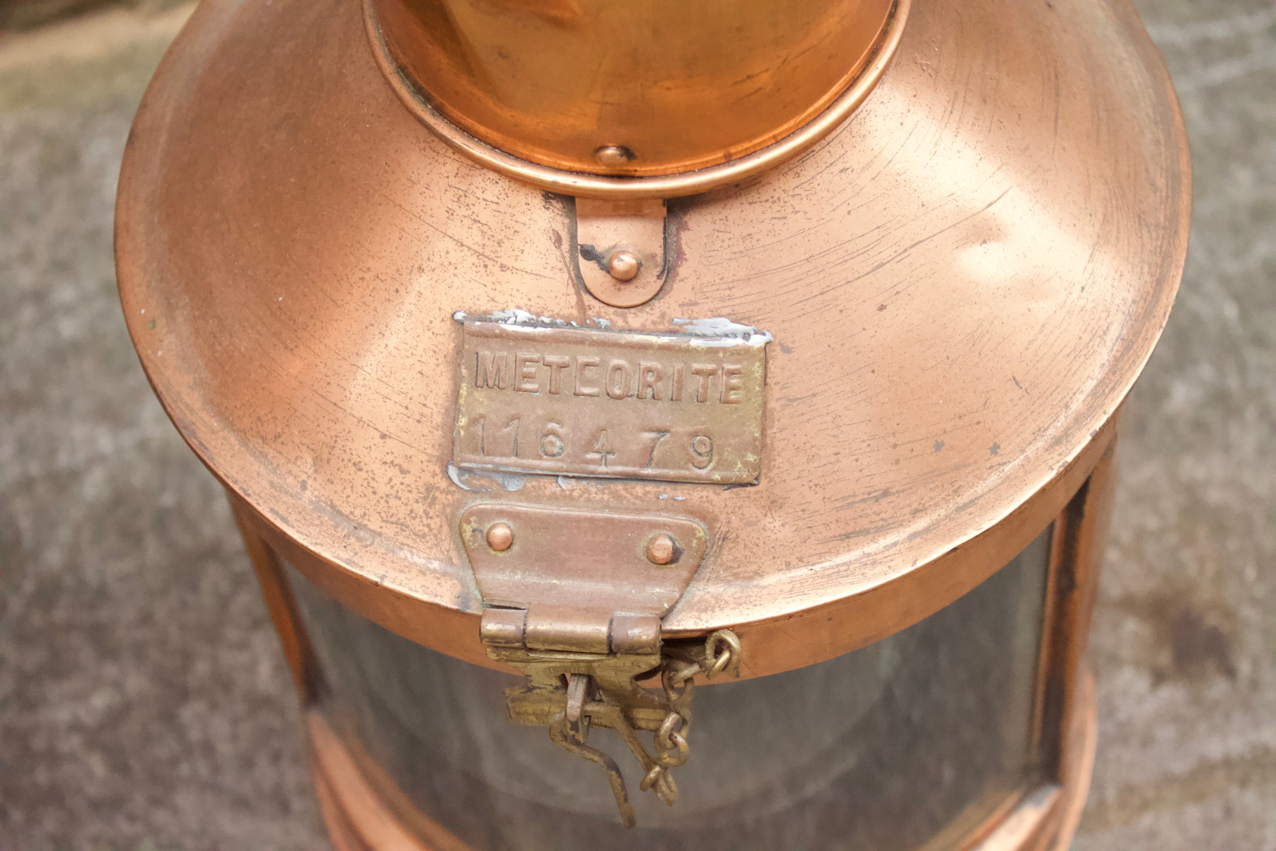 A Meteorite copper and brass ships oil lantern, with metal plaque numbered 116479, together with - Image 3 of 4